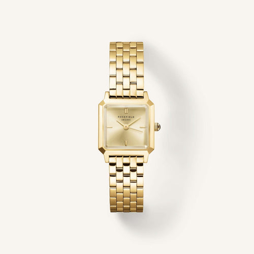Rosefield Champagne women's watch with gold brass strap and elegant square face design.