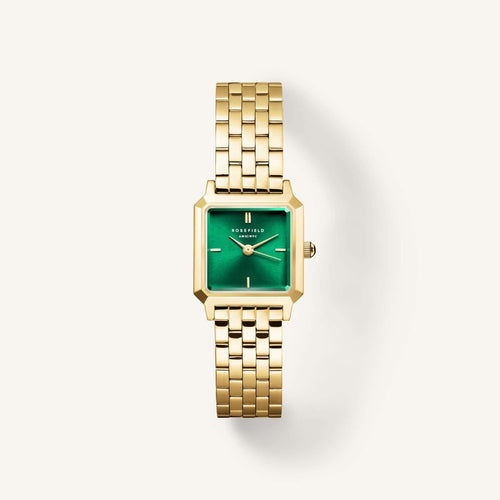 Rosefield emerald women's watch with gold case and emerald sunray dial, stylish and elegant timepiece.