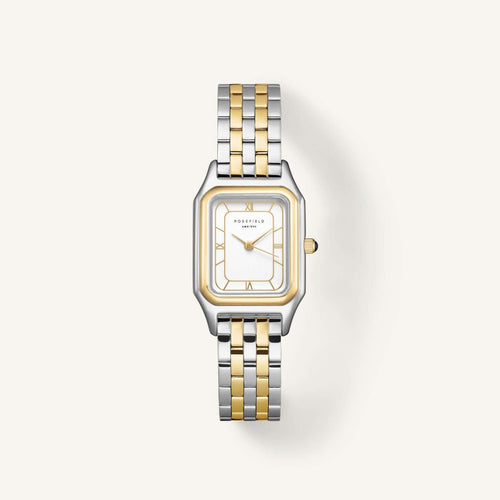 Rosefield OCWDSD-OC03 Ivy White Duotone Women's Watch with gold and silver bracelet, stylish design and slim profile.