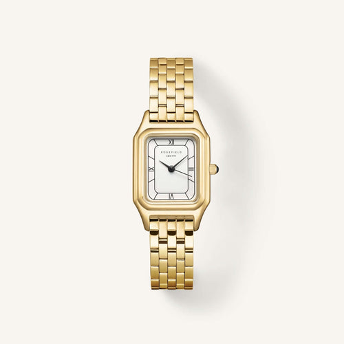 Rosefield OCWGSG-OC01 Ivy White Gold Women's Watch on a gold bracelet against a light background.