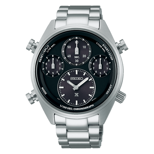 Seiko Prospex SFJ003P1 Solar Speed Timer Chronograph Men’s Watch with black dial and silver stainless steel strap.