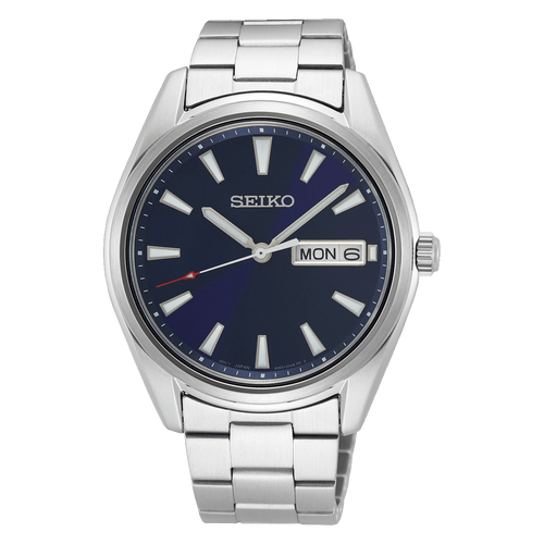 Seiko SUR341P1 blue dial men's watch featuring a stainless steel case and classic analog display.