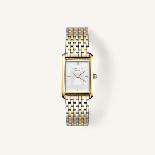 Heirloom duotone women's watch featuring a rectangular case and a gold-silver link bracelet design.