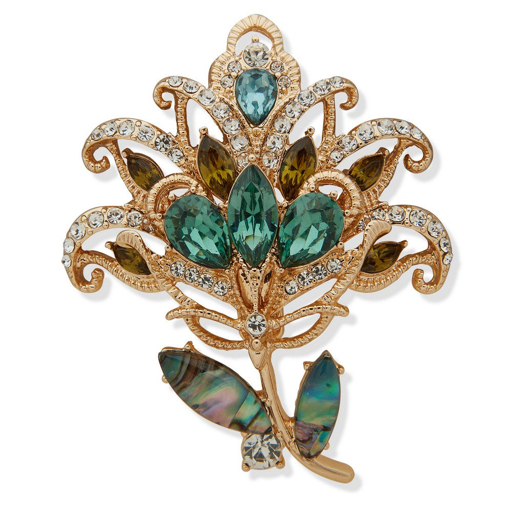 Anne Klein 01B00835 Filigree Floral Brooch with Abalone & Crystals