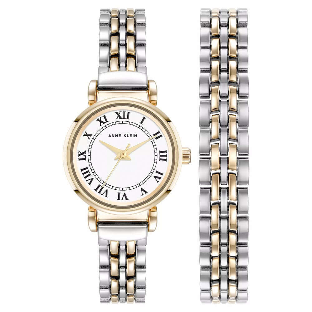 Anne Klein Women's Quartz Roman Numeral Two-Tone Alloy Metal Bracelet Watch Set, 24mm