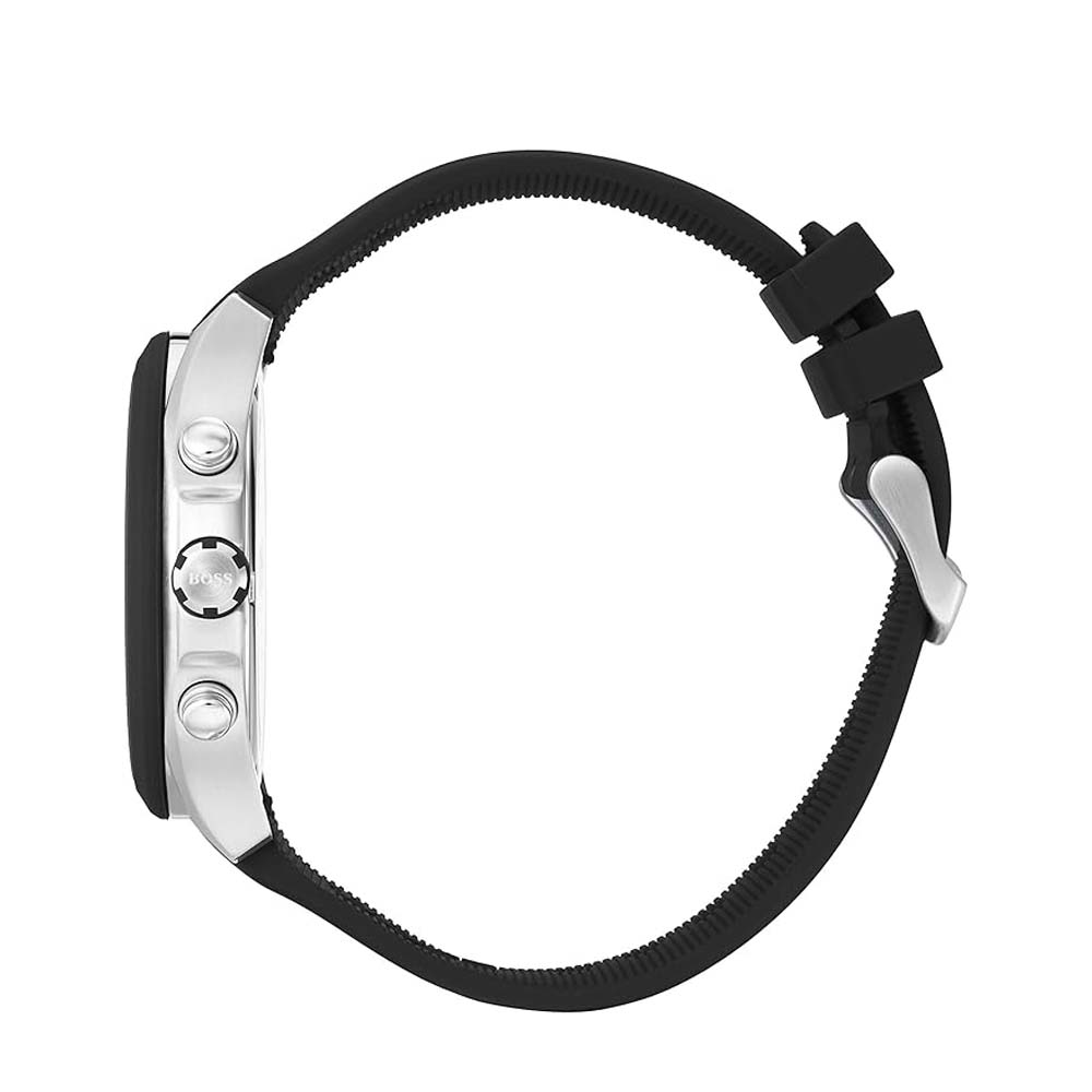Shop Hugo Boss 1513716 men’s chronograph watch with black dial and black silicone strap. Quartz movement, 44mm case, and water resistance. Available at ShopOWS.pk.