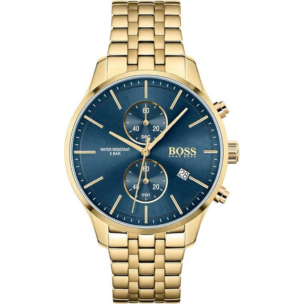 HUGO BOSS ASSOCIATE MENS BLUE DIAL IONIC PLATED THIN GOLD STEEL WATCH 
