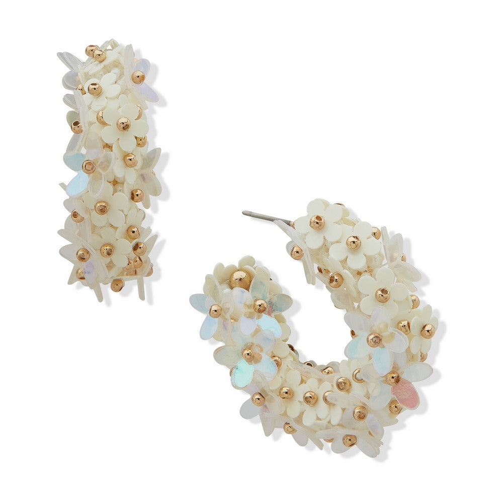 LONNA & LILLY 15G00557 White Floral Beaded Hoop Earring
