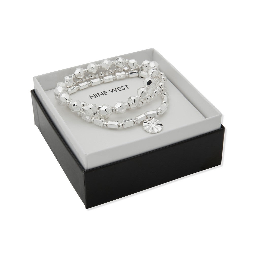 Nine West 19B01089 Silver Beaded Charm Bracelet Set