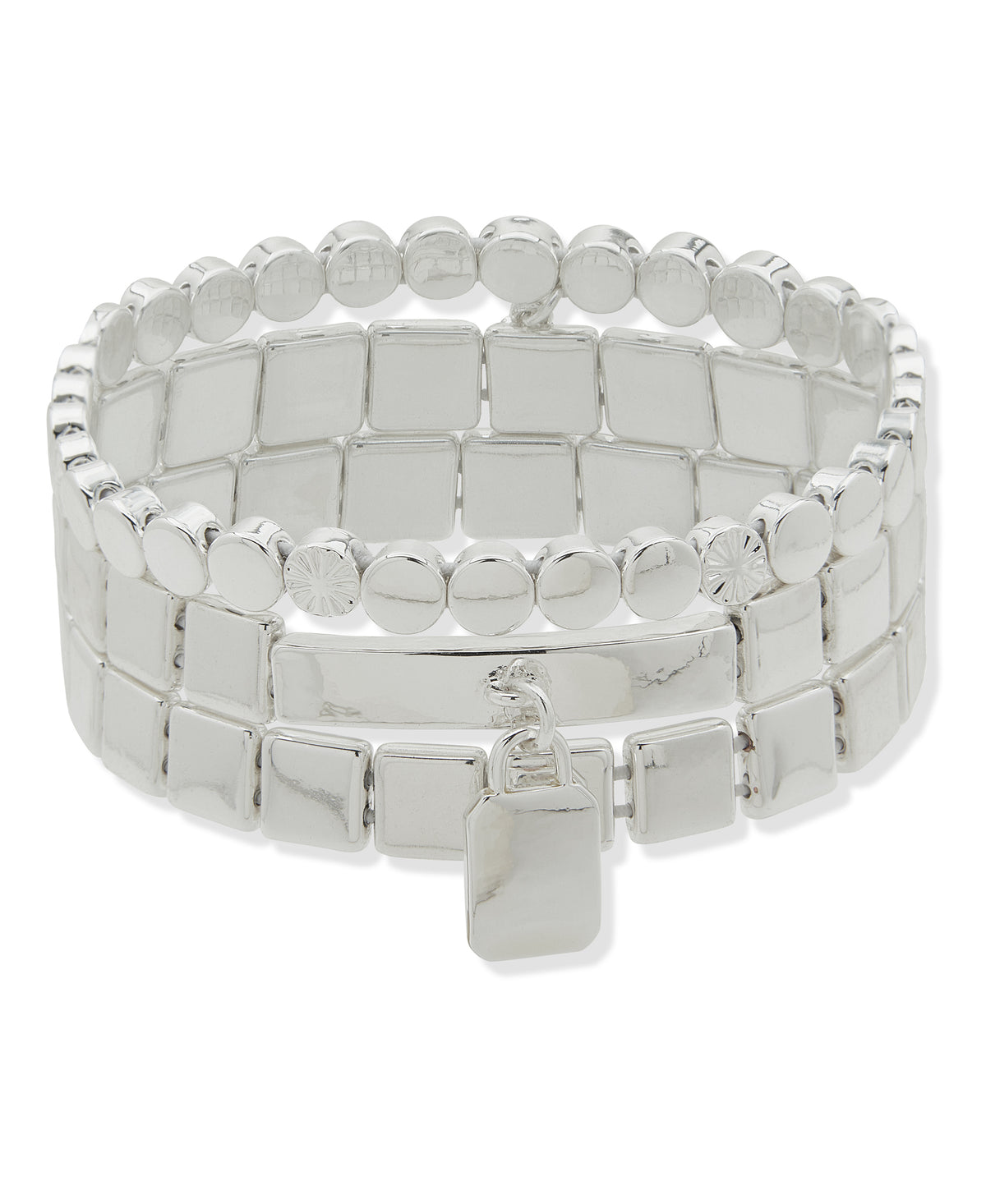 19B01100 Nine West Silver-Tone Beaded & Link Stretch Bracelet