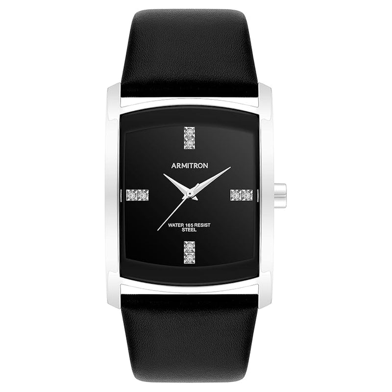 ARMITRON 20-4604BKSVBK Men's Genuine Crystal Accented Leather Strap Watch