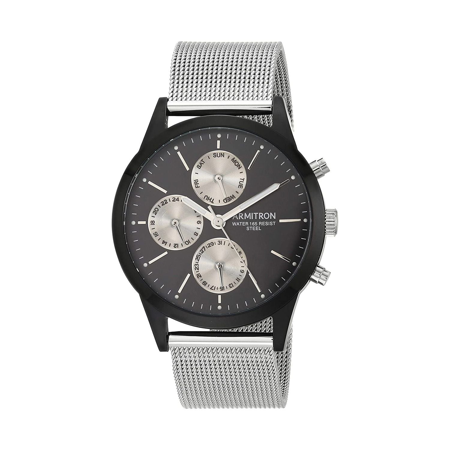 Armitron 20/5416BKSV Multi-functional Dial Silver-tone Men's Mesh Bracelet Watch ARMITRON