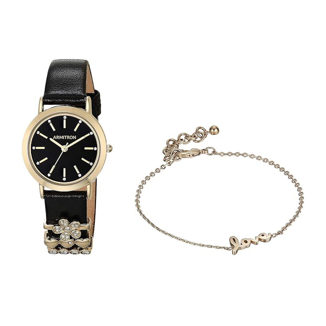 Armitron 75/5759BKGPST Swarovski Accented Leather Strap Women's Watch SET ARMITRON