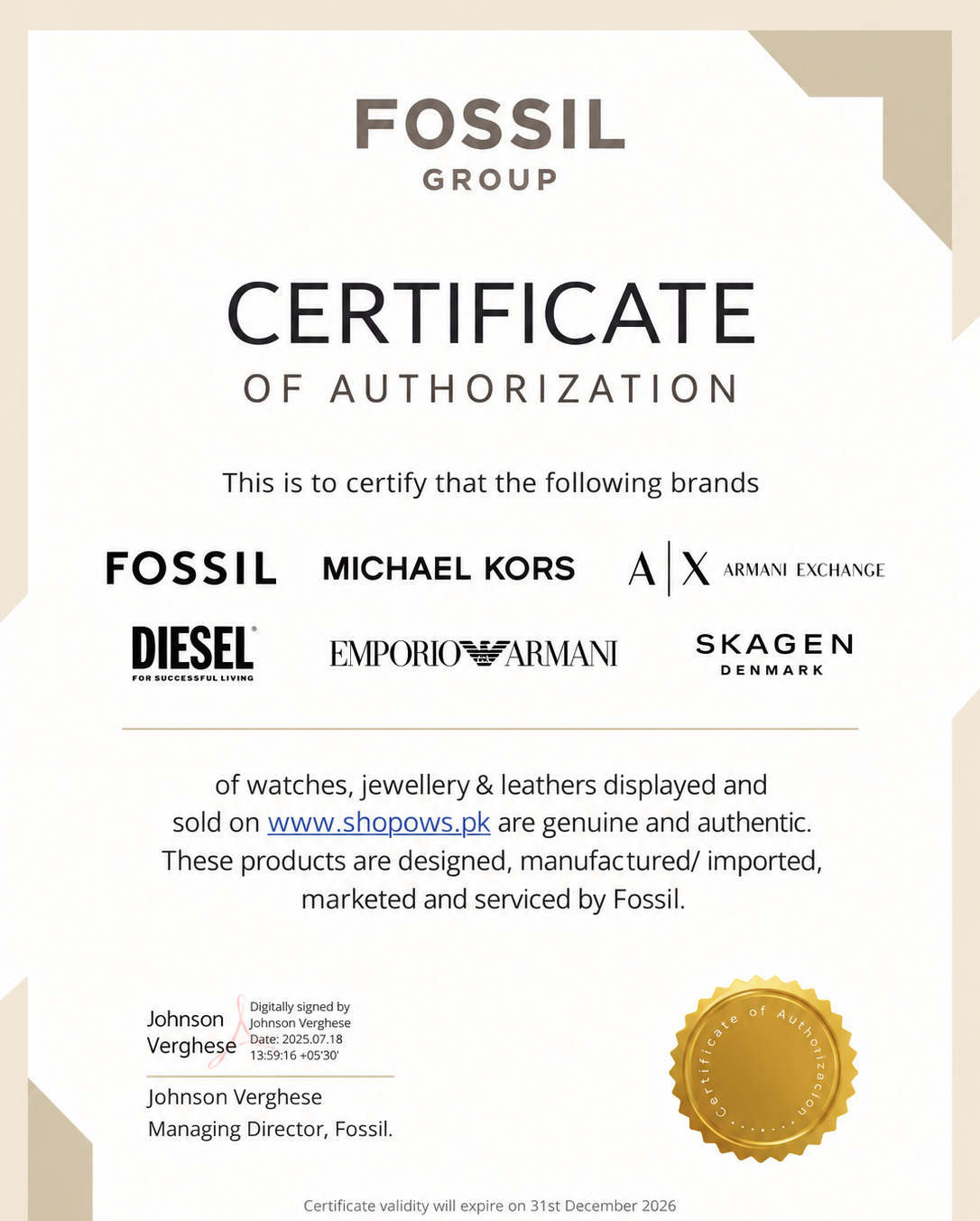 FOSSIL ES5392 Watch Ring Two-Hand Gold-Tone Stainless Steel