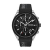 Shop Hugo Boss 1513716 men’s chronograph watch with black dial and black silicone strap. Quartz movement, 44mm case, and water resistance. Available at ShopOWS.pk.
