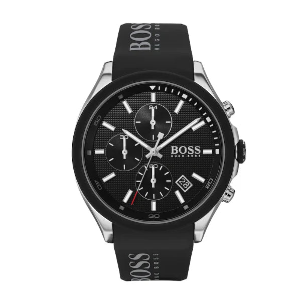Shop Hugo Boss 1513716 men’s chronograph watch with black dial and black silicone strap. Quartz movement, 44mm case, and water resistance. Available at ShopOWS.pk.