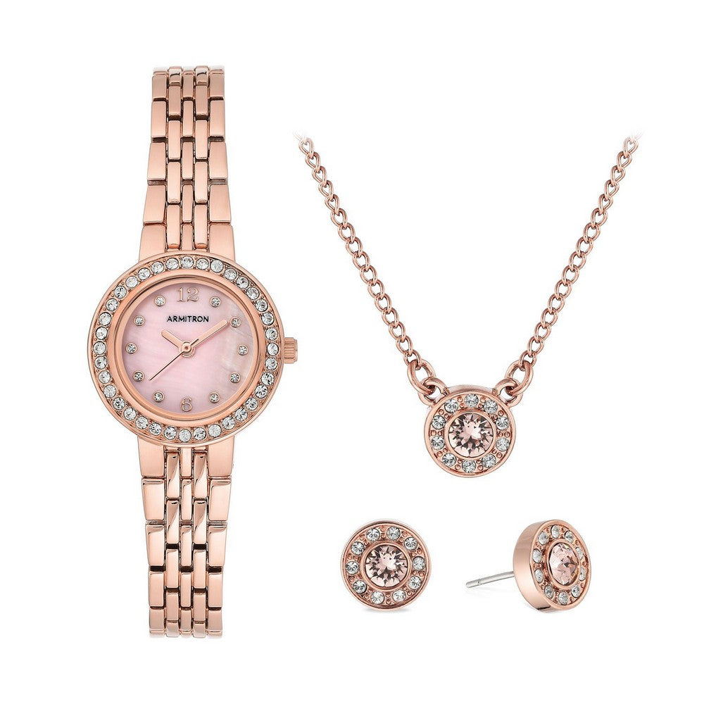 Armitron 75/5685PMRGST Crystal Accented Gold-Tone Bracelet Watch and Jewelry Set