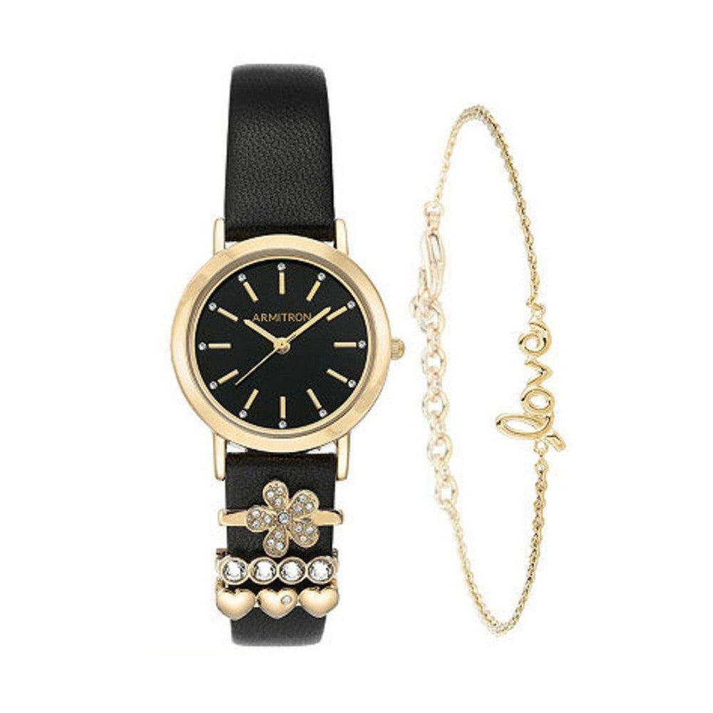 Armitron 75/5759BKGPST Swarovski Accented Leather Strap Women's Watch SET ARMITRON