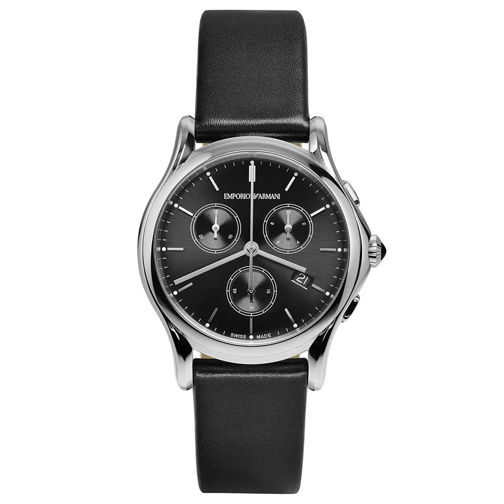 Emporio Armani Swiss Black Dial Chronograph Leather Strap Men's Watch ARS6001