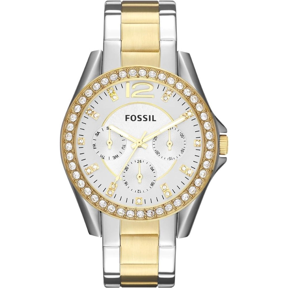 Fossil ES3204 Women's Riley Quartz Stainless Steel Multifunction Watch Color Gold Silver Model ES3204