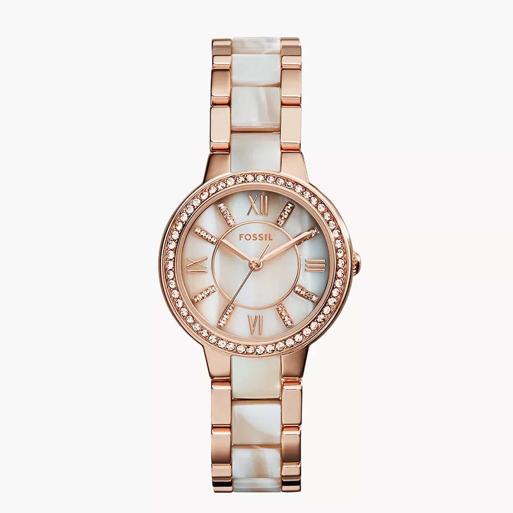 Fossil ES3716 Virginia Three-Hand Rose Gold-Tone and Horn Acetate Stainless Steel Watch