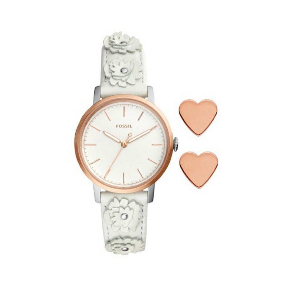 New Fossil Women Neely White Leather Strap Watch & Heart Earring Set ES4383