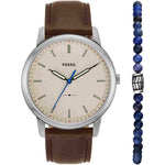 Fossil  FS5966SET Men's Minimalist Quartz Stainless Steel and Leather Three Hand Watch and Bracelet Gift Set Color  Silver Brown Blue Model FS5966SET Fossil