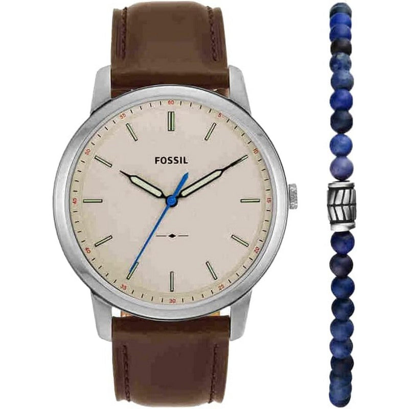 Fossil  FS5966SET Men's Minimalist Quartz Stainless Steel and Leather Three Hand Watch and Bracelet Gift Set Color  Silver Brown Blue Model FS5966SET Fossil