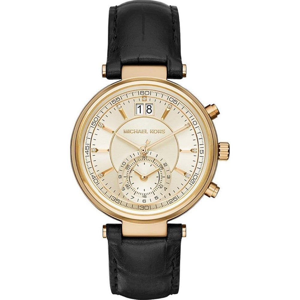 Michael Kors Sawyer Champagne Dial Black Leather Women's Watch MK2433 Michaelkors