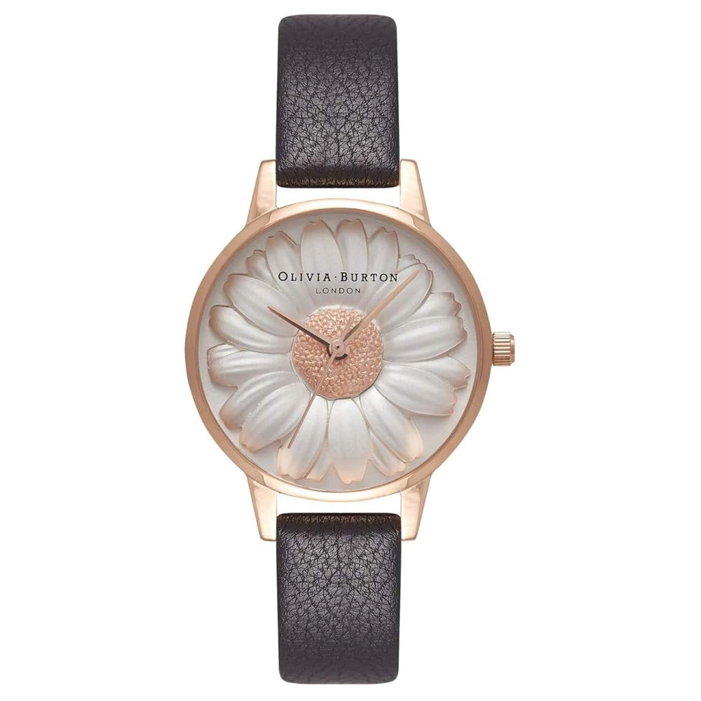 OLIVIA BURTON OB16FS97 3D Daisy White Dial Black Leather Strap Women's Watch Olivia Burton