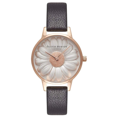 OLIVIA BURTON OB16FS97 3D Daisy White Dial Black Leather Strap Women's Watch Olivia Burton