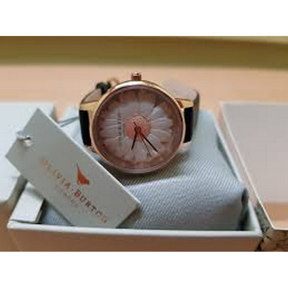 OLIVIA BURTON OB16FS97 3D Daisy White Dial Black Leather Strap Women's Watch Olivia Burton
