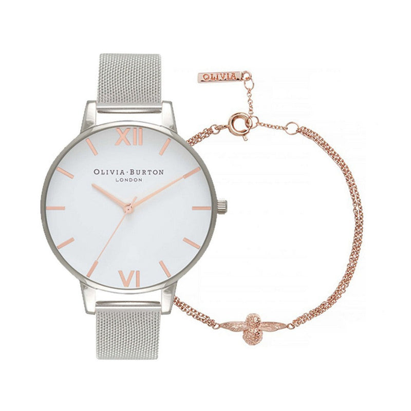 OLIVIA BURTON OB16GSET19 White Dial Rose Gold & Silver Women's Mesh Watch And 3D Bee Rose Gold Bracelet Gift Set Olivia Burton