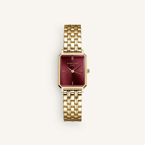 Burgundy women's octagon watch with a gold bracelet, showcasing a modern and elegant design.