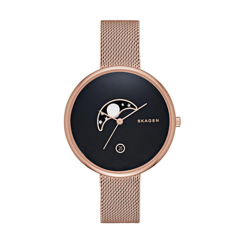 SKAGEN SKW2371 Gitte Moon phase Black Dial Rose Gold tone Women's Mesh Watch Skagen