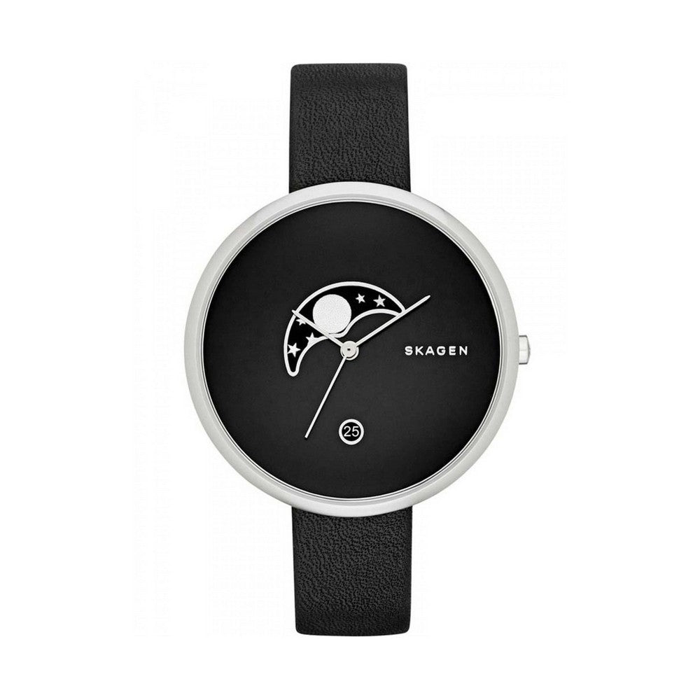 SKAGEN SKW2372 Gitte Moon Phase Black Dial Black Leather Women's Watch Skagen