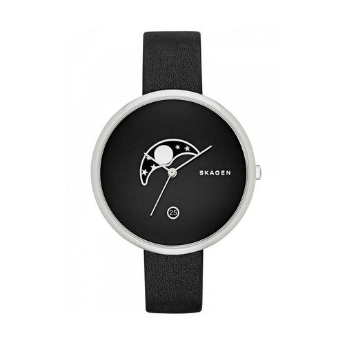 SKAGEN SKW2372 Gitte Moon Phase Black Dial Black Leather Women's Watch Skagen