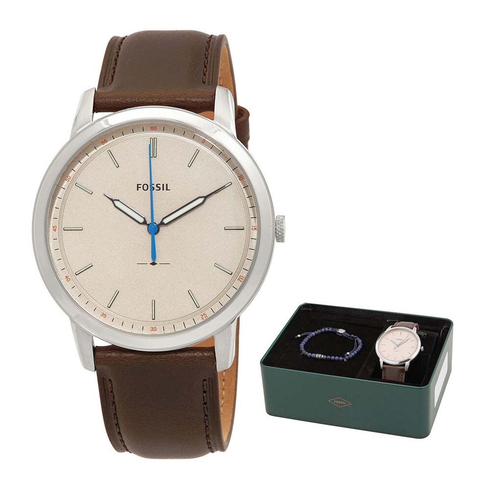 Fossil  FS5966SET Men's Minimalist Quartz Stainless Steel and Leather Three Hand Watch and Bracelet Gift Set Color  Silver Brown Blue Model FS5966SET Fossil