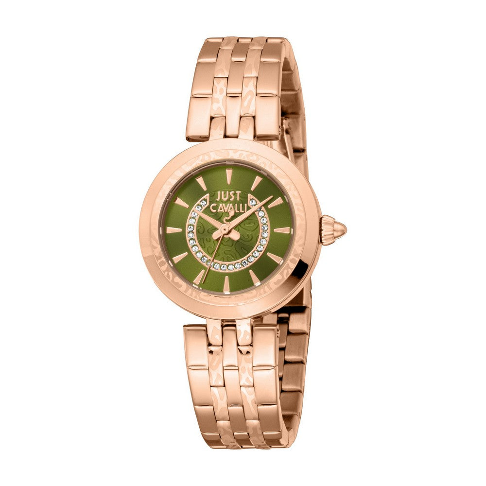 Just Cavalli JC1L314M0075 Women's Watch with rose-gold stainless steel case and olive-green dial.
